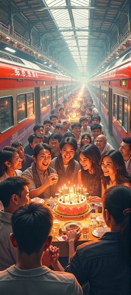 ((Best quality, 8k, Masterpiece :1.3)), a group of teenagers, 
A girl is holding the cake and standing in the middle, smiling, full body, slim face, Pretty woman, (Dark brown hair), full length dress :1.1, Ultra-detailed face, very short girl,  Detailed eyes, Double eyelid, blur background, slim face, city, outside, street, gatherings, happy birthday
