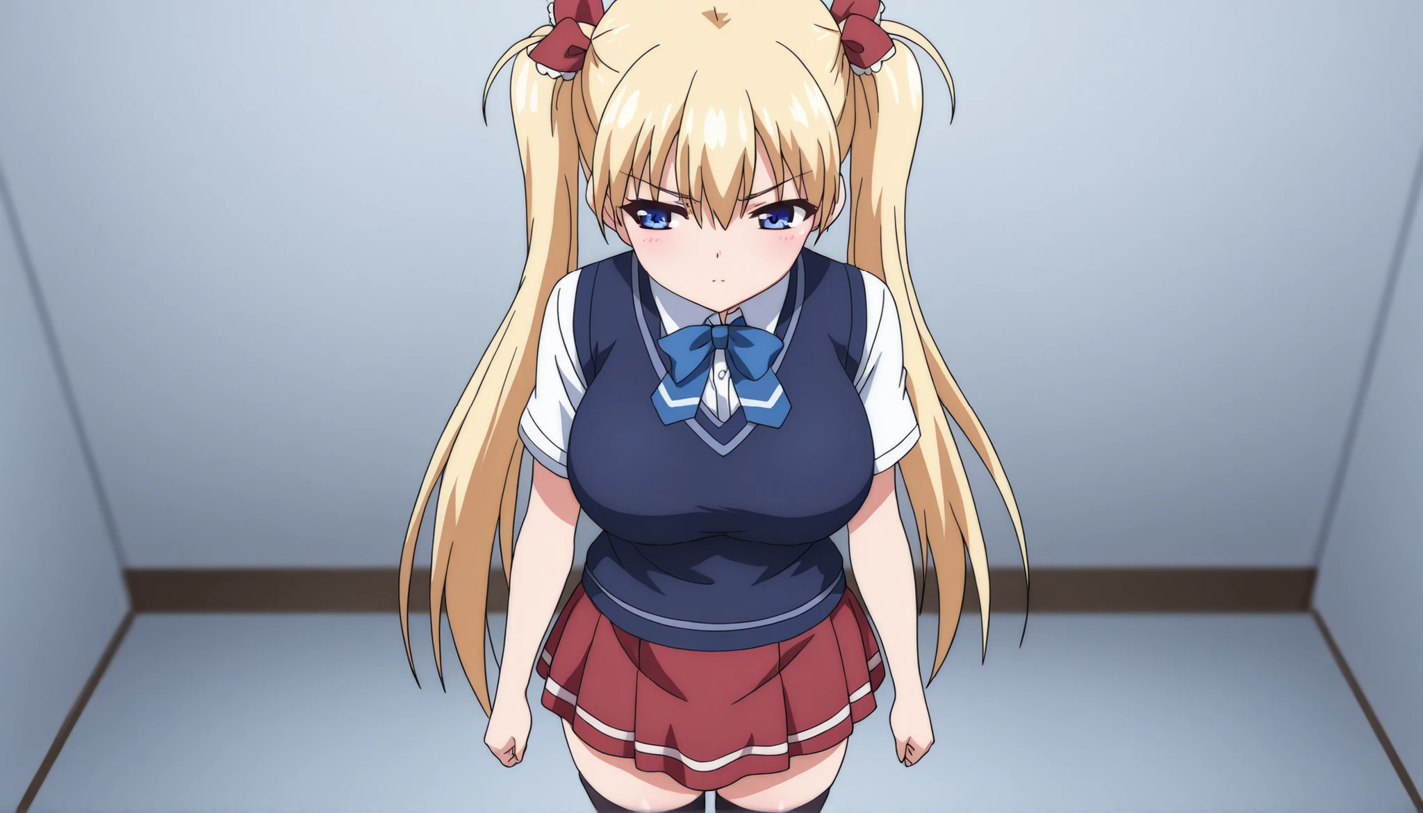 masterpiece,best quality,32k,high resolution,absurdres, Beautiful eyes, Beautiful hair, airiSchool, large breasts, twintails, hair ribbon, white shirt, blue sweater vest, blue neck ribbon, short sleeves, red skirt, black thighhighs BREAK, In a pink colored girls' dormitory, she stands with her arms crossed, while listening to another girl make a request of her, while she still keeps her face closed staring at the girl who asks this favor.