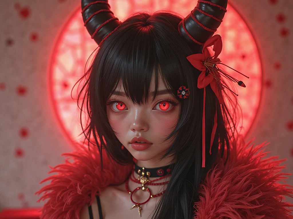 "(Best lighting, dark, dramatic),(Fetal skull geisha spits red ink, scar, sexy, brain, Blood, Mouse in the head, terrorism.),(Red eyes, Calaveras). Volumetric Light.