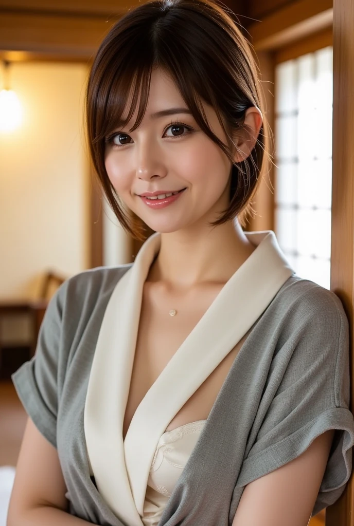 (high quality:1.2,Ultra-realistic) 、Detailed face、Detailed eyes、Beautiful Japanese Woman、22 years old、Black Hair,(Cleavage)、The chest is on the table、ryokan, BREAK (wearing white striped pattern Japanese yukata,obi),Sitting at the table,  (Big smile,Happy expression:Pure joy). she has (Bobcut hair) and、 Holding a large beer mug on the table、(no bra,braless:1.3),(blushing:1.5),