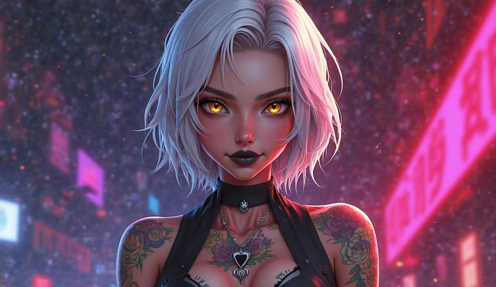 elegant, read description, Expressiveh, g0thicPXL, glowing, neon, score_9, score_8_up, score_7_up, insanely detailed, solo, young, young woman, petite body, small body, pale skin, goth, black lipstick, (white hair:1.5), (short hair:2.0), shaved sides, purple eyes, choker, ornate gothic jewelry, elegant black dress, armband, medium breasts, from side