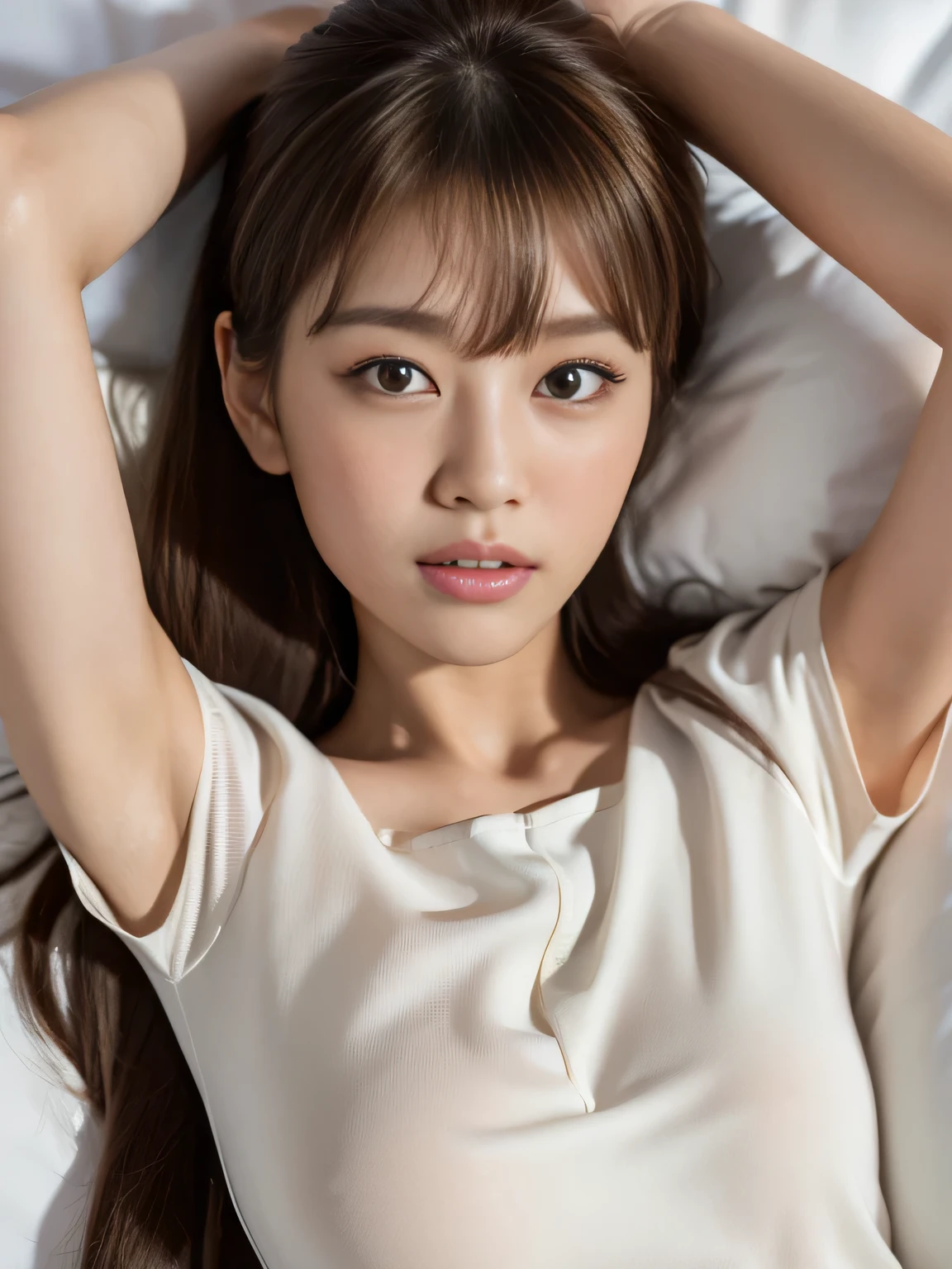 (original photo: 1.2), (lifelike: 1.4), (masterpiece: 1.3), (best quality: 1.4), ultra high resolution, (delicate eyes), (detailed facial features), (Detailed clothing features), human development report, 8K resolution, focus only, Bangs, tight skin, (shiny skin), (slim girl), (huge: 1.4), (Extreme details), landscape, No text, 1 girl, (whole body), Lovely, Innocent, floor, underwear