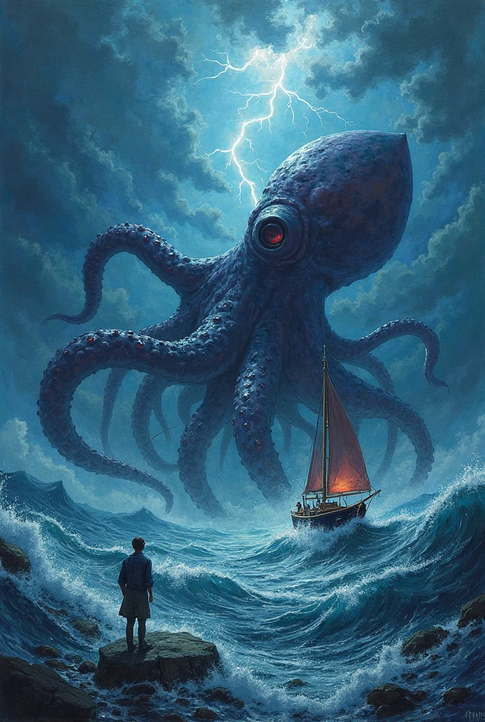 Masterpiece, High Quality, Realistic Drawing, 2.5D Comic Style, GTA-like Colors, Sharpie Art Pen Color, Cel-Shading Technique, Painting Realistic, Vector Art, a sketch based on the epic 'Ocean Odyssey' — the adventure of a young sailor across a turbulent ocean with an enormous gigantic cephalopod-like creature, potentially inspired by real-life giant squid scavenging . The sea weather was turbulent with powerful storms along with thunderstorms radiating violently throughout the night.