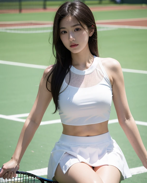 ((best quality)), ((masterpiece)), (detailed), 1girl, beautiful straight black long hair , white cap , white sports bra , black short pants , sexy pose , standing position , seductive gaze , perfect body , badminton court background , perfect hands