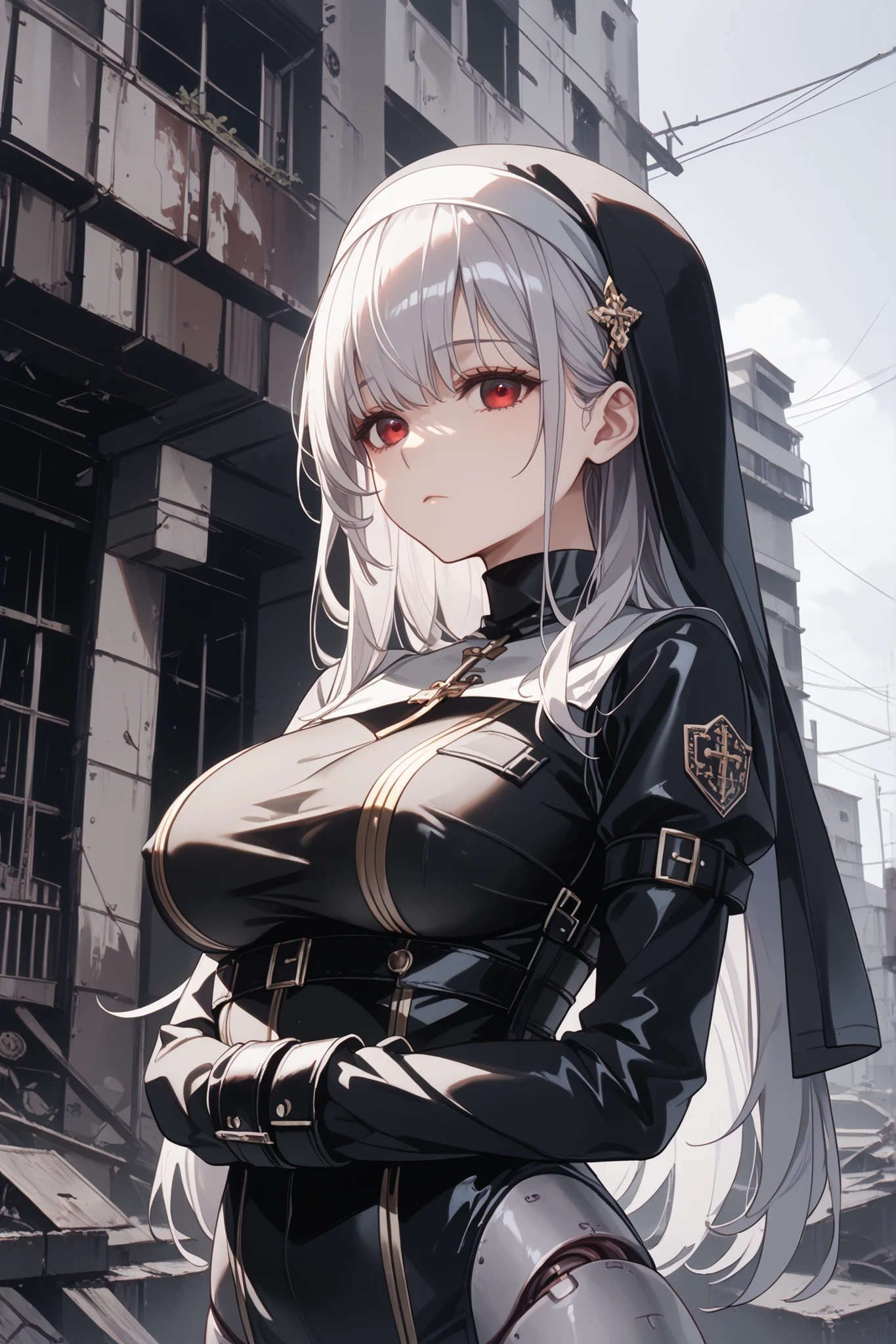 empty red eyes、long silver hair、bodysuits、straitjacket、nun、black raincoat、(Bulletproof vest、 robot joints 、expressionless、corruption) 、((extremely big breasts))、anime style、HD、High Quality、abandoned city、mrnnkk