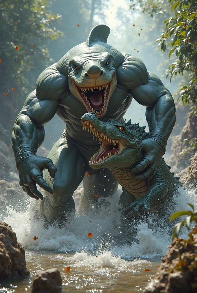 ((((No humans))))、Libra, reptiles, Humanity, Crocodile, green body, scale, There is nothing there, Crocodilian, facial, Muscular, green scale, teeth、get annoyed、Fighting stance、Movement angle、(White background)