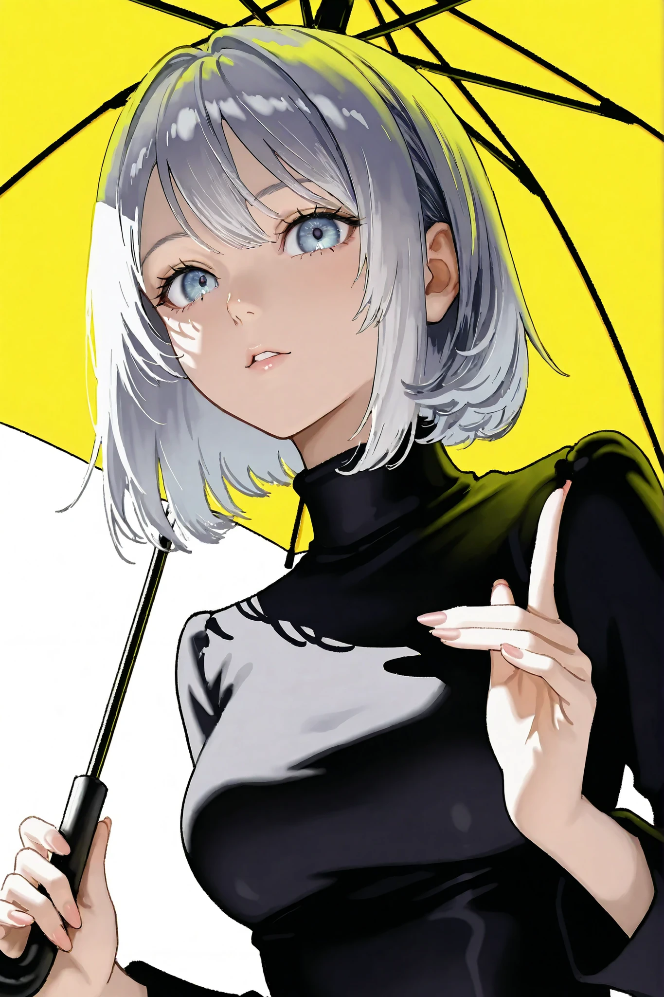 1 girl,IU 2,_ queen,silver hair,medium breasts,curvilinear,holding above the poking m_umbrella,F1カー,lean on
BREAK Masterpiece,best quality,great quality,IU 2,photorealistic,high resolution,newest,detailed eyes, detailed students,detailed clothes,illustrations,Official Art,art style,fantasic illustrations