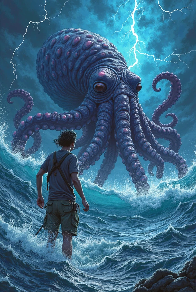 Masterpiece, High Quality, Realistic Drawing, 2.5D Comic Style, GTA-like Colors, Sharpie Art Pen Color, Cel-Shading Technique, Painting Realistic, Vector Art, a sketch based on the epic 'Ocean Odyssey' — the adventure of a young sailor across a turbulent ocean with an enormous gigantic cephalopod-like creature, potentially inspired by real-life giant squid scavenging . The sea weather was turbulent with powerful storms along with thunderstorms radiating violently throughout the night.