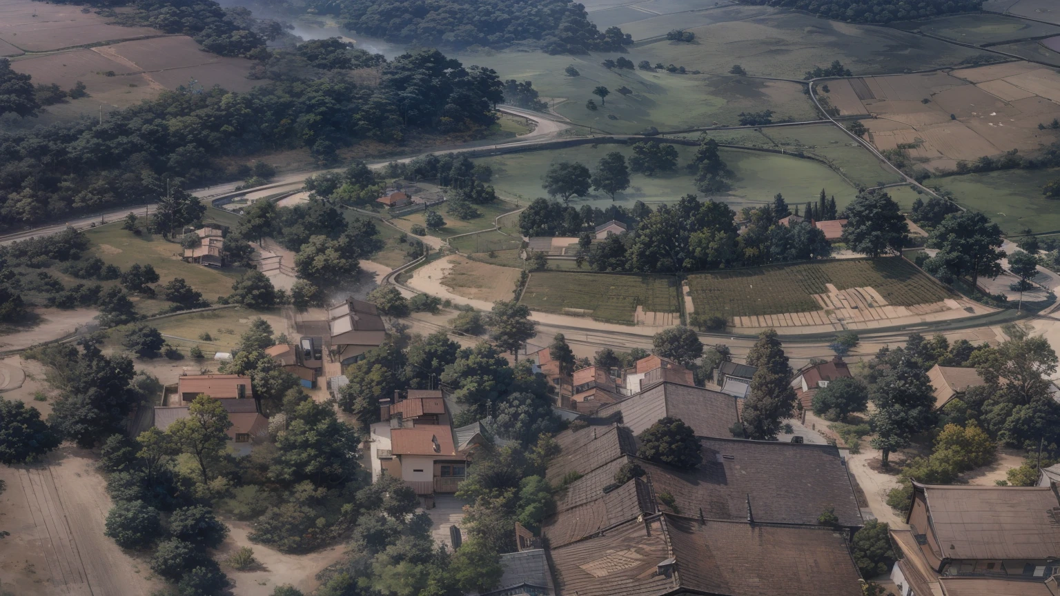 map style, Asian style, nice color, generate from original image, details, trees, road ways, view from image,  roads from original image, fields, houses