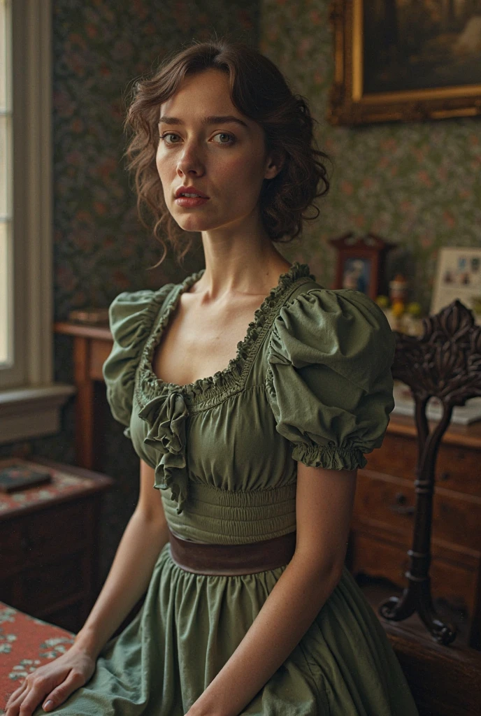 ((work of art)), (best qualityer), (Simple style), green dress, butterfly heart, pleated lace, Edwardian lace dress.