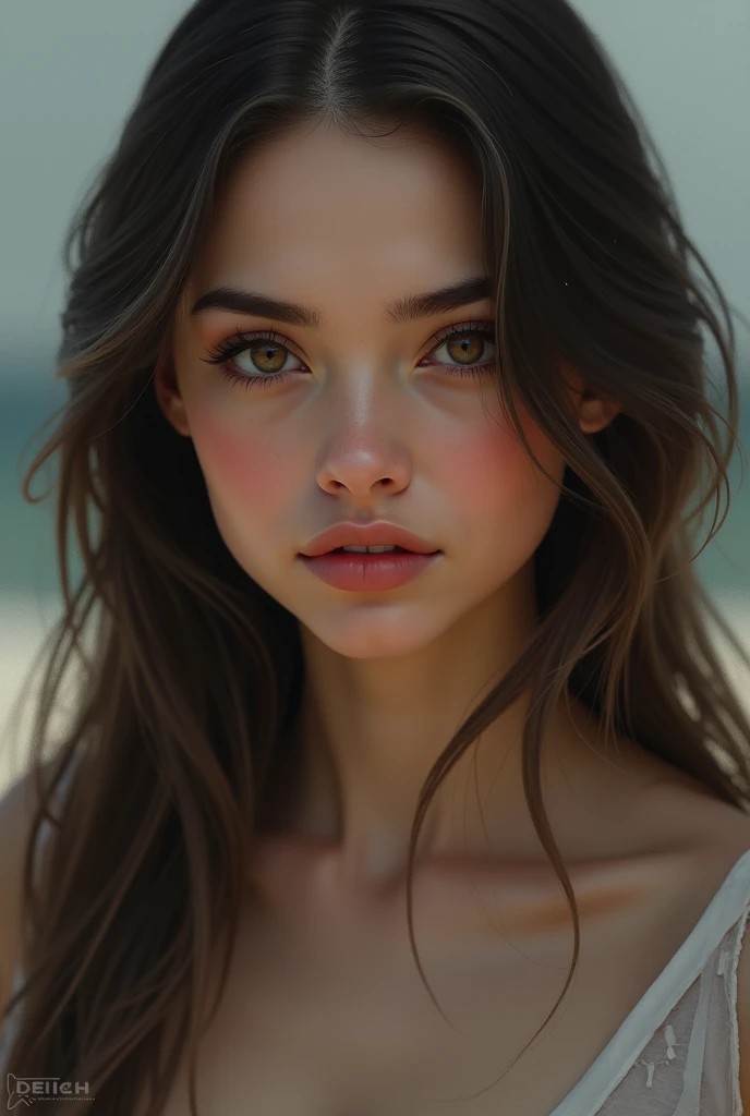 very voluptuous body 19 year old girl ("Sarah Hyland", "Brooke Shields"), almond-shaped eyes, thick eyebrows, flushed cheeks, big perfect breasts, uncovered shoulders, wearing a very tight and obscene lewd micro bikini, (nearly without clothes:1.3), public hair, armpit hair, full body, body covered in sweat, Hyperrealism, UHD, best quality, highres, high details, 8k, sharpen focus, lewd