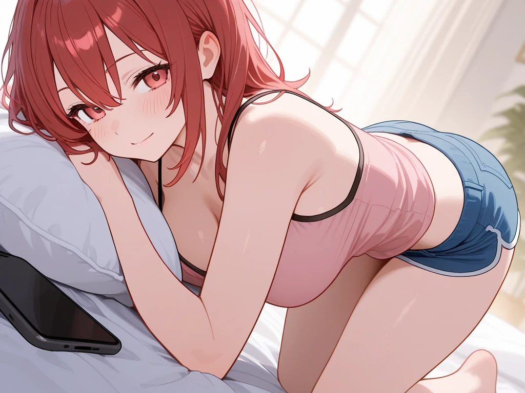 Beautiful girl, one, anime, ginger, bed, girlfriend, long sleeve shirt, panties, laying down, happy, medium sized tits