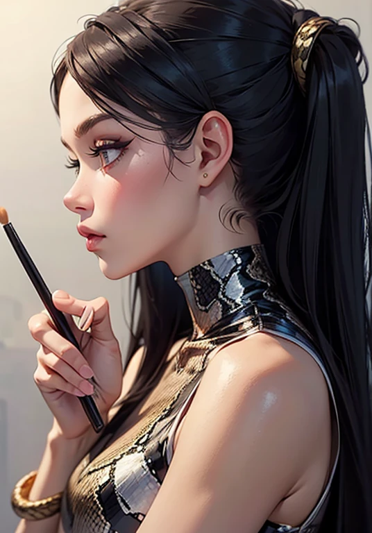 There is a woman in a headdress sitting at a table, a masterpiece by Guvitz, Guvitz, a work of art in the style of Guvitz, shot on the Canon EOS R 6, the white-haired Tifa Lockhart, inspired by Lan Ying, wlop and Sakimichan, popular on CGSTATION, by Leng Mei, inspired by Li Fangying, aesthetic, realistic, sexy, lazy, gothic