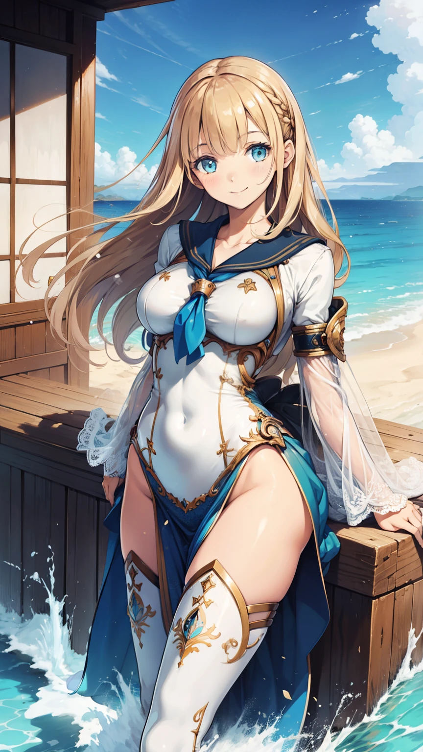 masterpiece,(ultra-detailed),1girl, mysterious heroine xx \(fate\), half_eyes,smile,open mouth, swimsuit, white bikini, side-tie bikini bottom, shrug \(clothing\), jacket, thigh strap, wristband, large_breasts, ocean, splashing,blonde_ponytail,open_legs,cap,happiness,