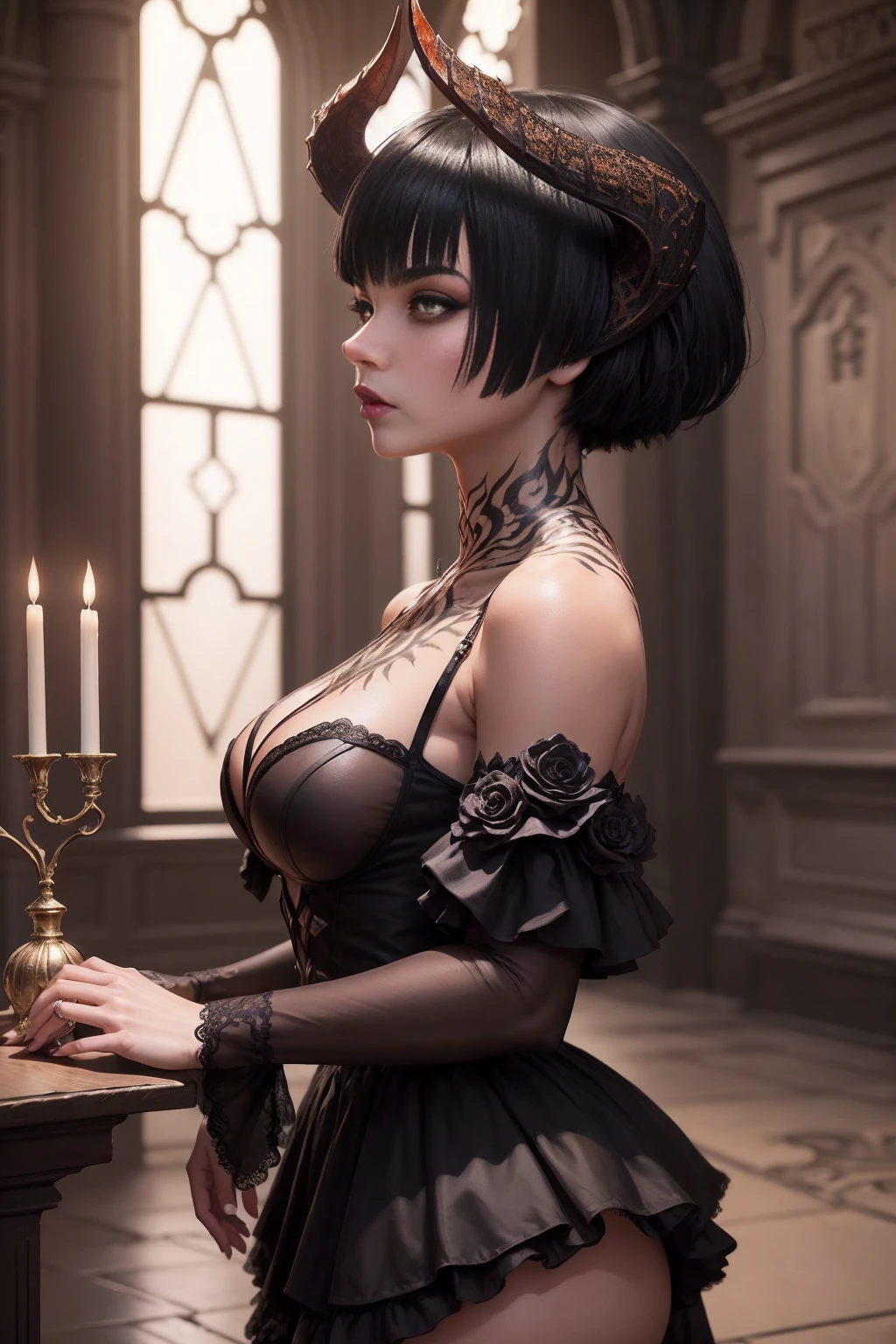 masterpiece, (best quality:1.2), [:intricate details:0.2], 1 woman, big bust, devil, black frill, (night sky), sparkling aura, Intense concentration, crackling energy, mysterious symbol, Sparkling dust,