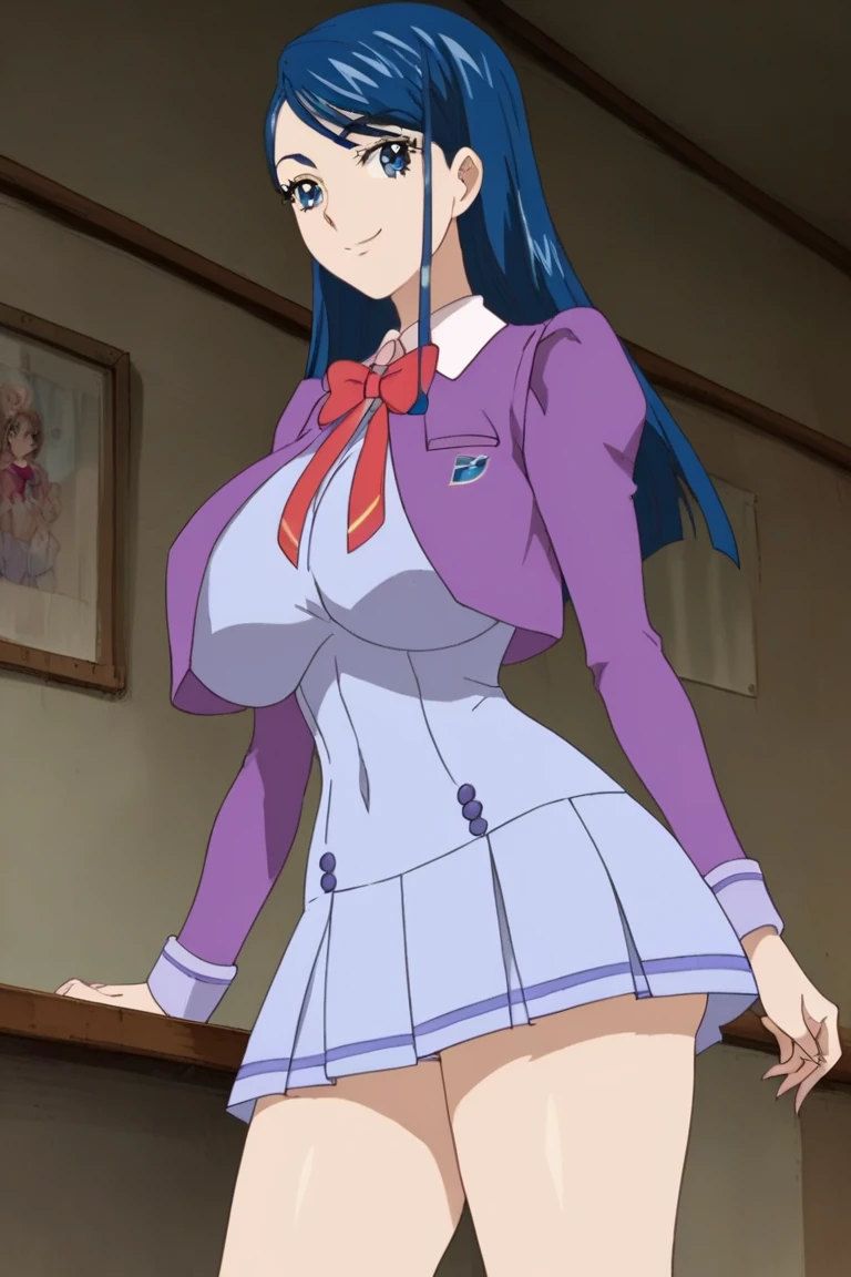 sitting at class chair, (white serafuku), blue pleated skirt, red bowtie, (classroom background), esdeath, anime cels style, best quality, high resolution, 1girl, (huge breasts:1.2), mature women, blue hair, long hair, (blue eye), blue eyebrow, beautiful face, (cowboy shot), looking at viewer, laughing