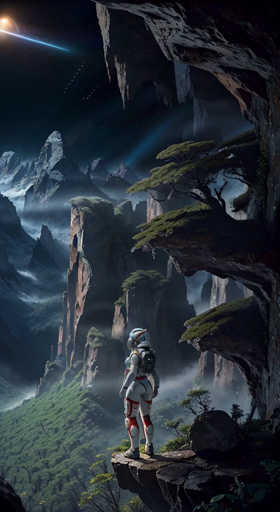 (35mmstyle:1.2), Highly detailed RAW color Photo, Rear Angle, Full Body, of (female space marine, wearing white and red space suit, futuristic helmet, tined face shield, rebreather, accentuated booty), outdoors, (standing on Precipice of tall rocky mountain, looking out at magical lush green rain forest on alien planet), vivid detail, (exotic alien planet), toned body, big butt, (sci-fi), (mountains:1.1), (lush green vegetation), (two moons in sky:0.8), (highly detailed, hyperdetailed, intricate), (lens flare:0.7), (bloom:0.7), particle effects, raytracing, cinematic lighting, shallow depth of field, photographed on a Sony a9 II, 35mm wide angle lens, sharp focus, cinematic film still from Gravity 2013, viewed from behind, dynamic angle