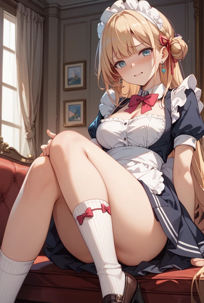 1girl in, 独奏, length hair, blue eyess, blonde hair, diadems, sitting on, I don't wear any underwear、A pose where you can be seen from below、Spreading legs with both hands、Pussy丸見え, doress, the bow, The card, pinafore, shairband, PlayingCards, looking at the viewers, shortsleeves, 髪のthe bow, 青いshairband, a smile, red blush, hand on own face, 青いdoress, alice(不思議の国のalice), hair between eye, a chair, Black pantyhose, 青いthe bow, a throne, puffy sleeves, Put your hand on your cheek, bangss, ふくらんでいるshortsleeves, bow ribbon、非常にlength hair、mini crown、foot out of frame、frilld、白いpinafore、:q、masterpiece、top-quality、((lifted skirt、Pussy、camel's toe)))、SEX、NFSW、