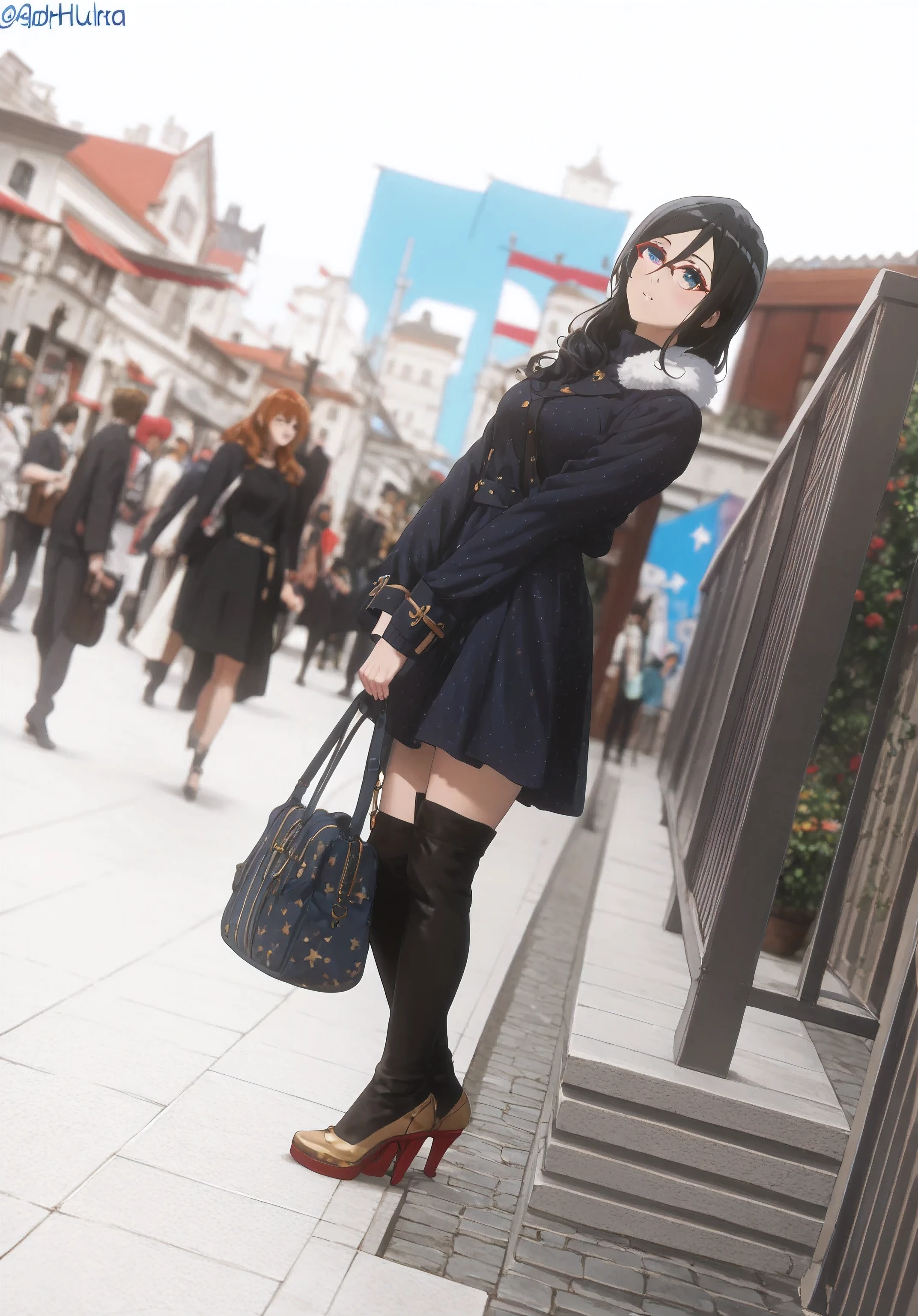 (inspired by Asuka Tanaka ),(masterpiece, best quality),beautiful, beautiful-woman, ((detailed face)).(full body:1.3).,
asuka, hibike! euphonium, black hair, glasses, blue eyes, long hair, over-rim eye-wear,cowboy shot, semi-rimless eye-wear, between eyes .(red-framed glasses:1.2),
1-woman. The woman is wearing dark navy blue turtleneck sweater dress and black hi-heels boots.