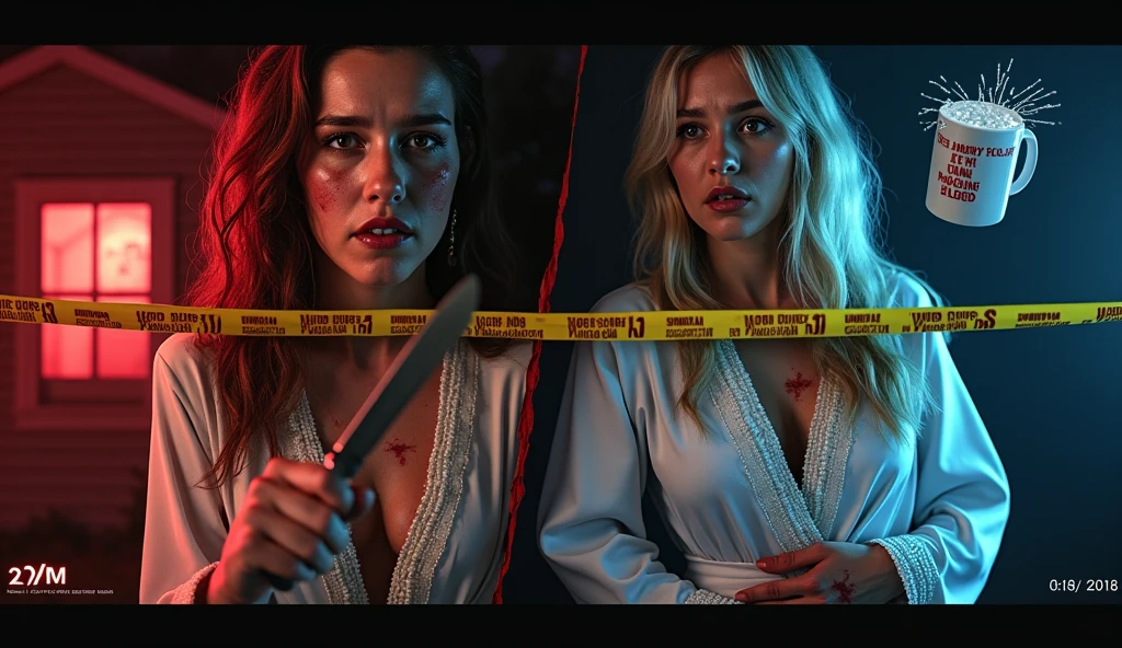 Redhead woman and white hair woman in bloody clothes like psychopath doctors, holding swords in a dark place at night