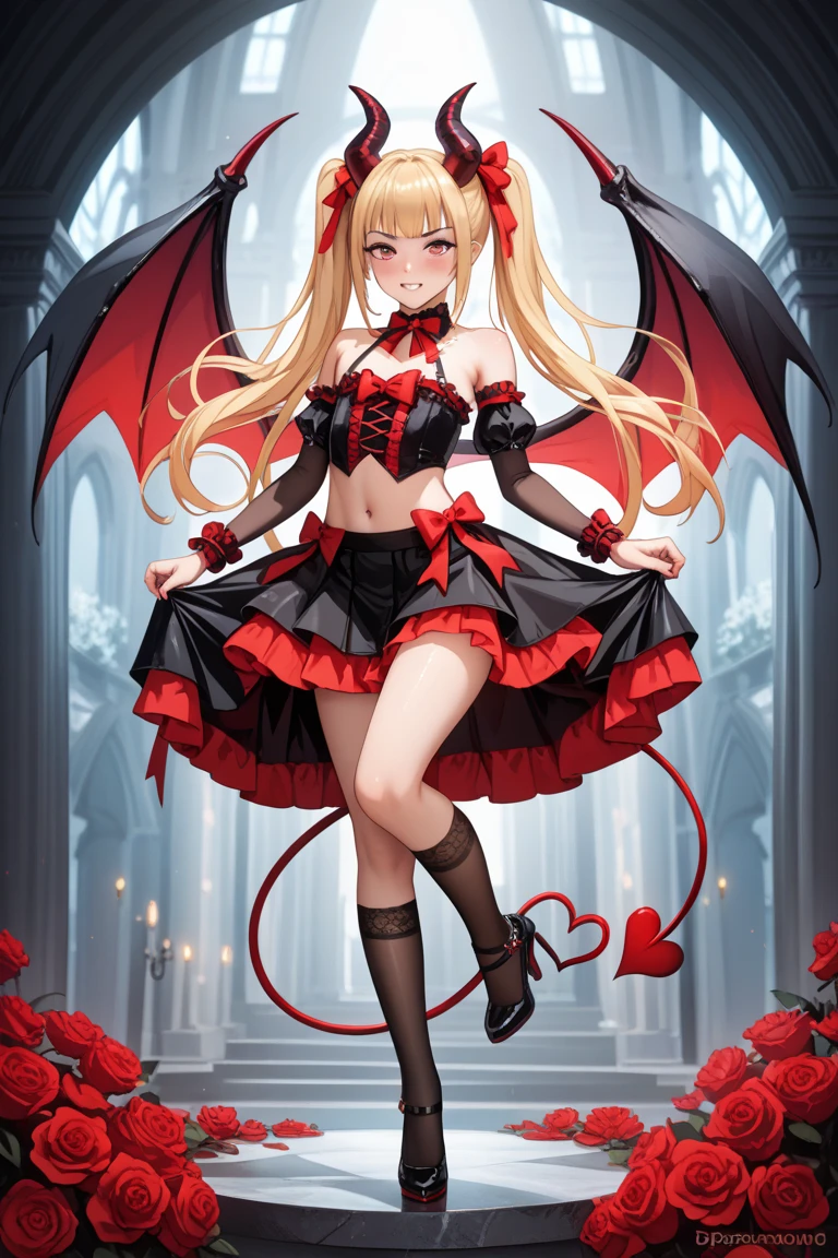 <lora:disgaea:1>flonne (fallen), blonde hair, red eyes, demon wings, demon tail, flat chest, wide sleeves, long sleeves, red bow, red ribbon, red leotard, masterpiece, best quality