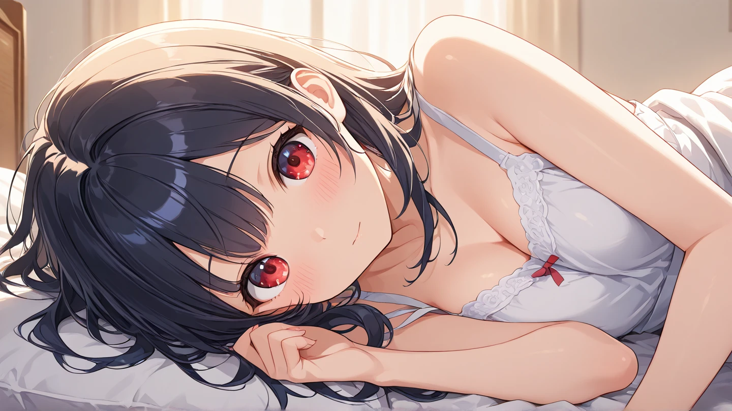 1female,purple hair,long hair,swept bangs,red eyes,tareme,large breasts,smile,upper body,underwear only,lying on bed,bed invitation,side view,looking at viewer,midnight,blue theme