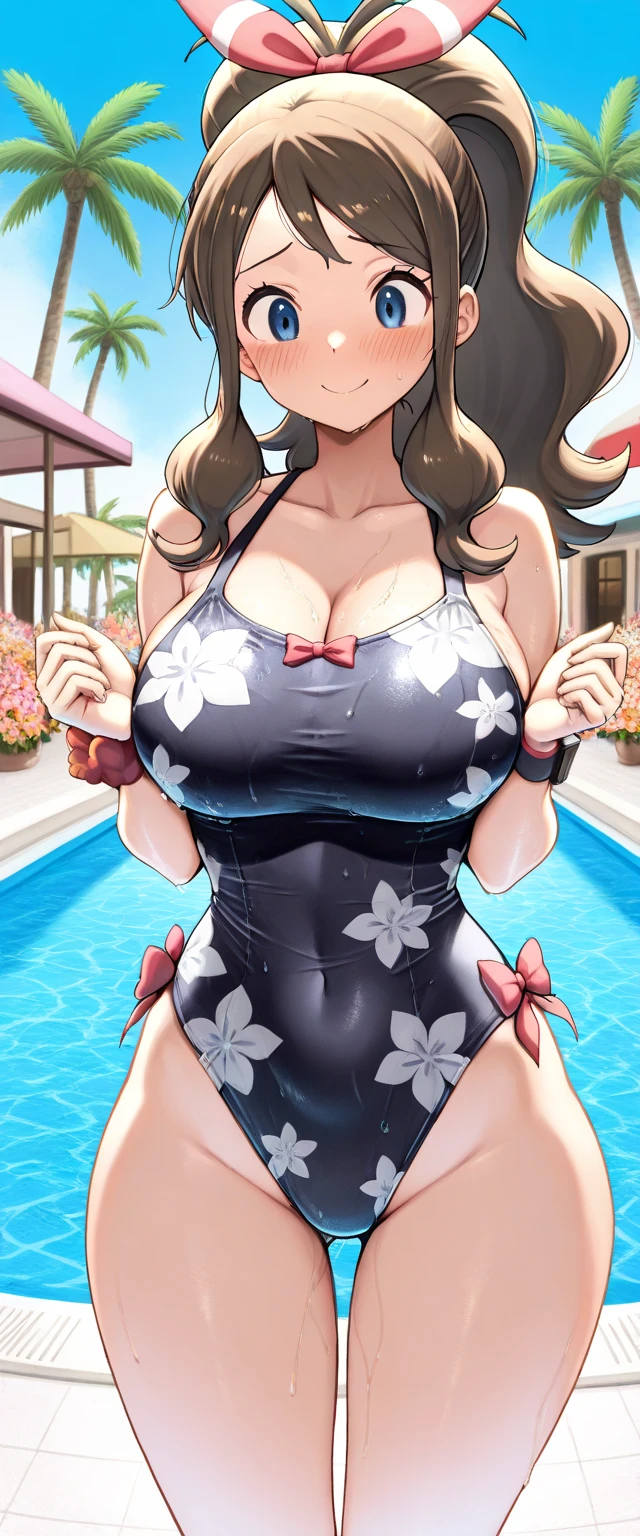 An anime-style artwork depicting ruan mei from the game Honkai star rail.

Tags: ruan mei, anime, detailed eyes, detailed lips, tight bikini, smiling expression, intense gaze, glowing emblem on hand, dynamic pose, outdoor pool, vibrant colors, digital art, high-resolution, professional quality, gigantic breasts, (underboob : 1.4), curvy, cowboy shot, (gigantic breasts: 1.4), (green eyes : 1.4), (light brown hair), curvy ass, big butt, bubble butt, from behind, back view