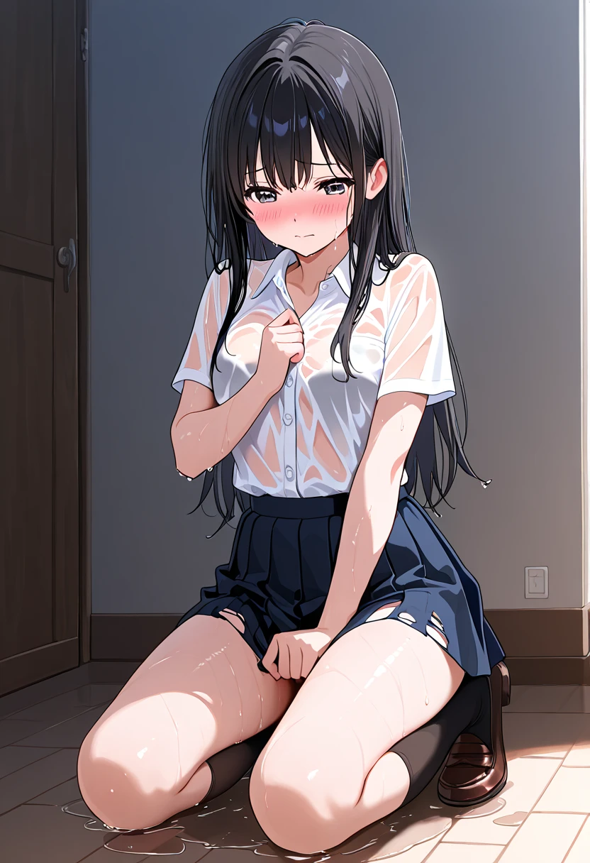(1 person、alone), Beautiful woman, (High-definition and beautiful eyes)、(Anatomically perfect body), Slender、(High school girls、uniform, Black socks、Brown Loafers), (Lying on the floor:1.2), (Bend your knees), (Look away:1.2), tears、(Very detailed panties:1.1), (Pussy juice:1.1), 18-year-old、(Highest quality)、Black Hair, (Half Up:1.1)、(8K, High resolution)、(shy:1.4)、medium breast, (vapor:1.1), (Embarrassing:1.4), Erect nipples、classroom、(cum on face:1.5)