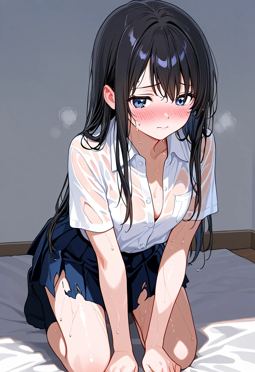 NSFW、masterpiece, 最high quality, high quality, High resolution, Blue Hair, Long Hair, blue eyes, White shirt ,Black office skirt, Knee socks, whole body, Are standing、Depth of written boundary, School,(((Body odor、Bad smell)))、(((Sweat)))、((((Sweat染み、Yellowing、odor))))、(((Soaking wet)))、(((((Love juice)))))、((((Detailed pussy))))、(((((Sex with a man)))))、((Leg spread))、(((Covered in bodily fluids)))、(((Squirting)))、(Ecstasy face、Drooling)