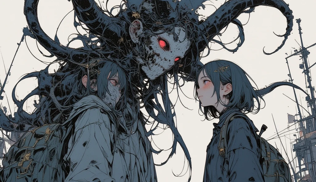 The girl grabbed her brother with her tentacles。The girl used her tentacles to take off her brother and her own clothes,The tentacles tied his brother's genitals,The girl inserts her brother's genitals into her body。The girl has black demon horns on her head,The girl showed an expression of great enjoyment。{Naked siblings},{Tentacles}