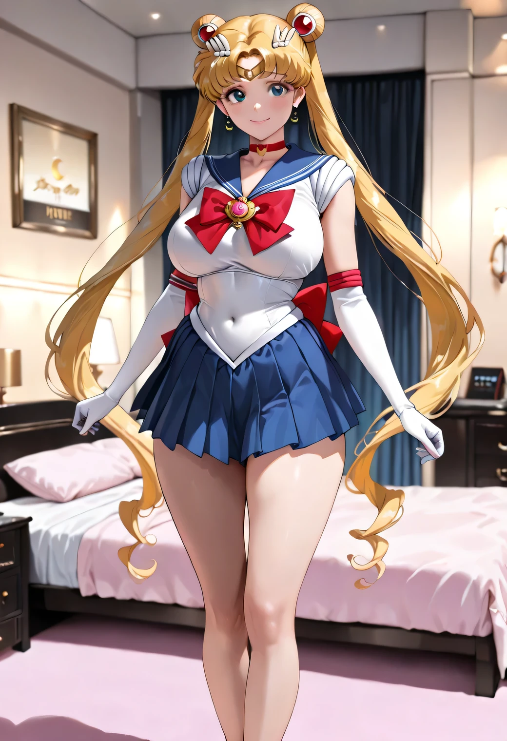 masterpiece, newest, lively, very aesthetic, high contrast, mature women,( Tsukino Usagi , golden hair, long hair, twin tails),  (( hair ornament, long hair, twin tails, split bangs,back bow, blue sailor color, blue skirt, bow, brooch, choker,  crescent, elbow gloves, gloves,  Jewelry, Magical Girl, pleated skirt, red bow, red choker, ribbon, sailor color, sailor warrior uniform,  skirt, white gloves,)), ((Big Breasts:1.4)), full body, (smile),  (Love Hotel,detailed background), ((on tha bed, bedroom)),best quality, realistic, cowboy shot,Fullmetal Alchemist anime style, Watch Viewers, full body image, , mini heart clip