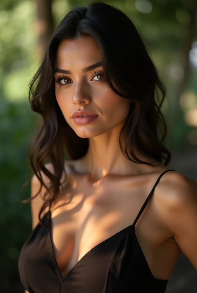 Realistic photo of a beautiful d4r14sh woman, 1girl, solo, long hair, looking at viewer, brown hair, top tank, long sleeves, bare shoulders, jewelry, upper body, outdoors, dark skin, off shoulder, blurry, bracelet, dark-skinned female, lips, night, depth of field, blurry background, realistic, soft lighting, professional Photography, Photorealistic, detailed, RAW, analog, sharp focus, 8k, HD, DSLR, high quality, Fujifilm XT3, film grain, award winning, masterpiece<lora:d4r14sh:1.0>