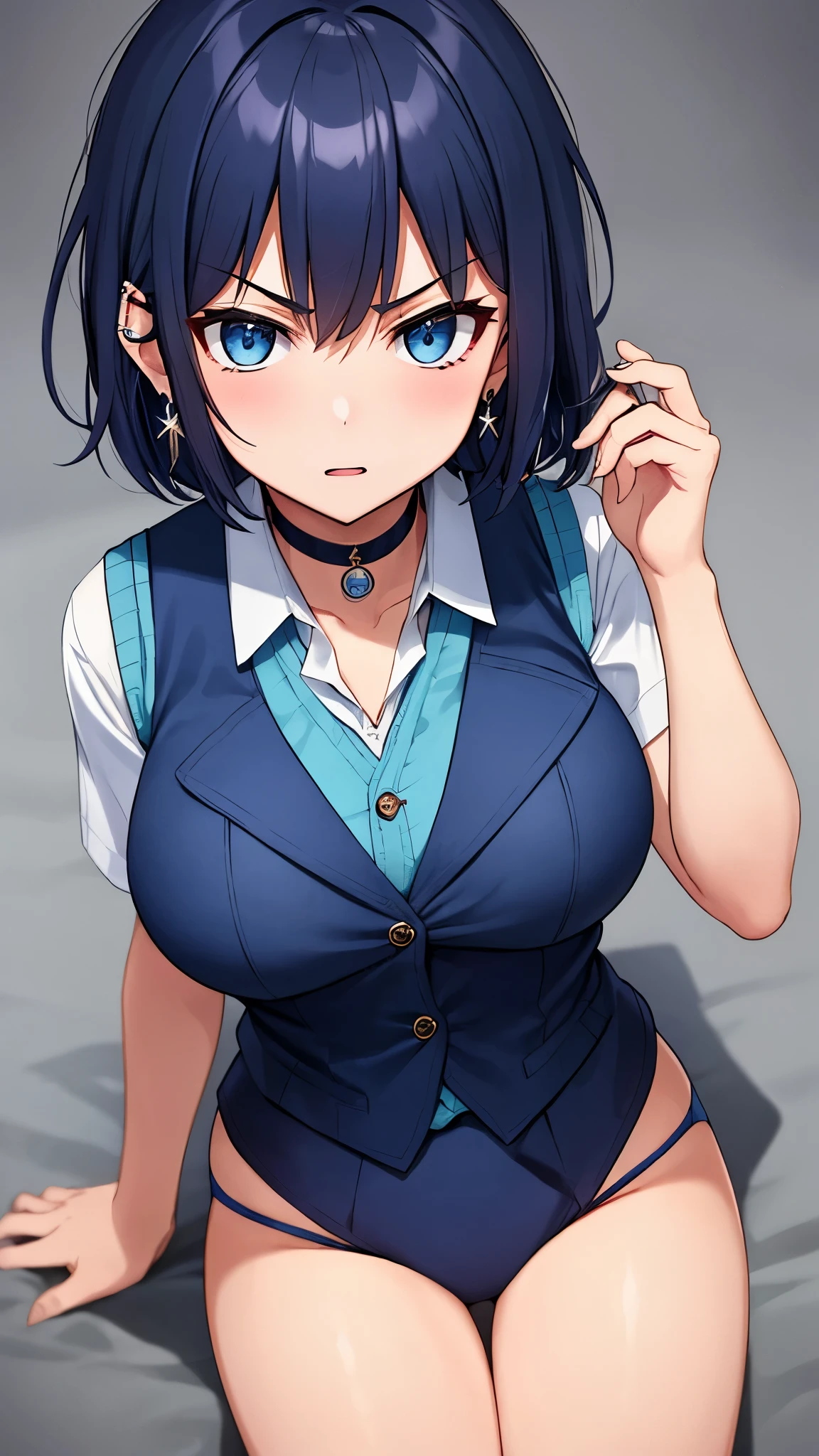 Full-length, short woman, 20 years old, rounded face, (short dark blue hair:1.1), (dark green narrow eyes:1.1) with (raised corners), slightly snub nose, (narrow painted lips), (detailed hand and finger:1.1), pale turquoise fitted (button-down shirt) with (rolled sleeves), (black long A-line jersey skirt:1.1), (belt) with round buckle, high heels, a small wristwatch on his left wrist, (detailed face and eyes:1.2), (medium breasts:1.1), (busty), (deep cleavage:1.1), (labia outline:1.3), (hard teat:1.3).