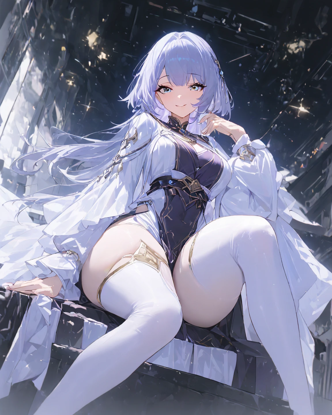 Best quality, high resolution, super detailed, solo_focus, Emilia, sweater, hood, shorts, white_thighhighs, stunning