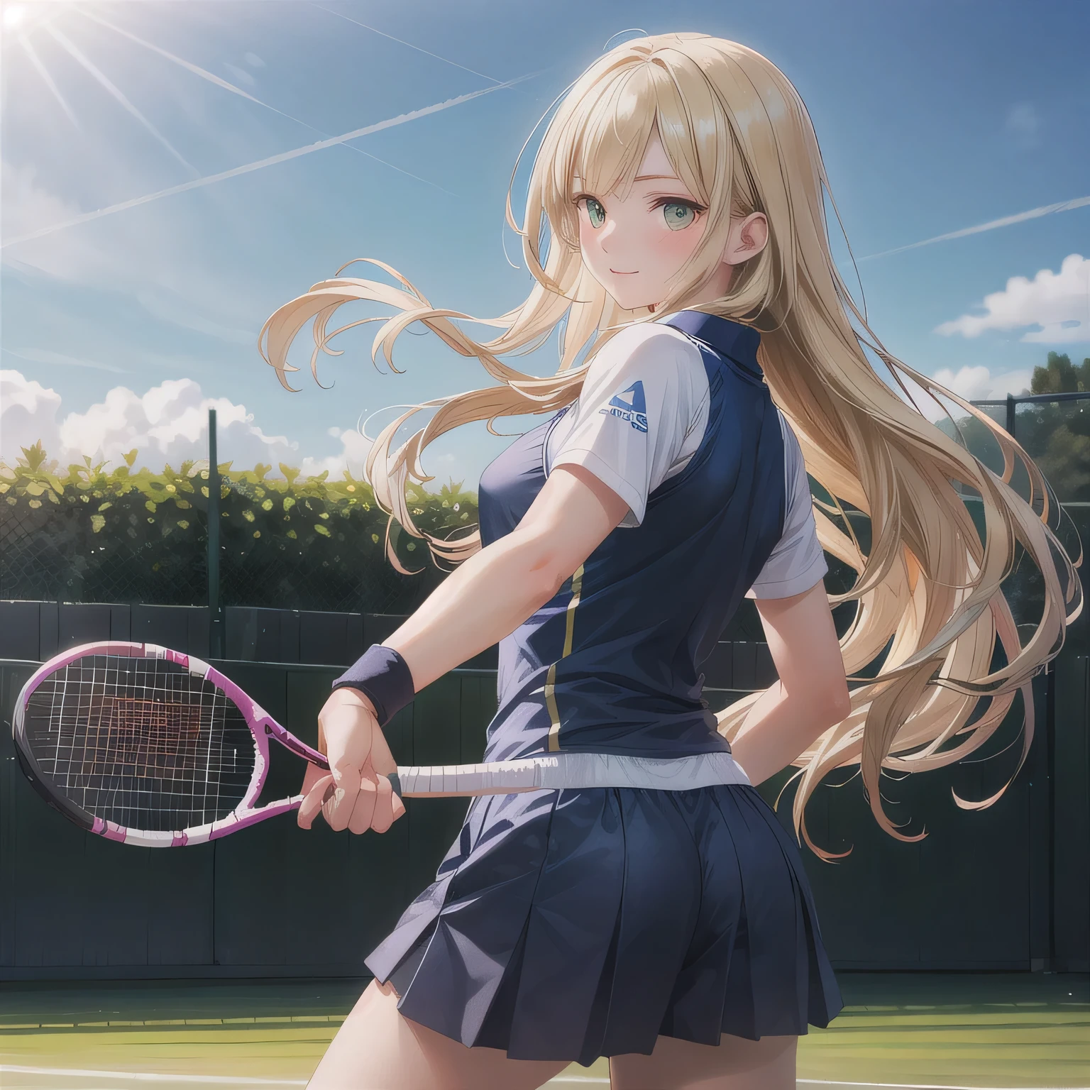 A young female tennis player in a sleek blue outfit stands ready, gripping her racket with both hands in a poised stance. Sunlight accentuates the crisp lines of her attire and the polished strings of the racket. Her determined gaze locks onto an unseen opponent, exuding confidence and focus. The lush green grass of the tennis court stretches into the distance under a clear blue sky. This dynamic scene blends elegance, power, and athleticism, capturing her readiness to strike with precision and grace.A 20-year-old woman smiles gently, friendly. (RAW photos, top quality), (realistic, photo-realistic:1.4), masterpiece, extremely delicate and beautiful, highly detailed, 2k wallpaper, ultra-detailed CG unity 8k wallpaper, ultra detail, high res, soft light, beautifully detailed girl looking back, extremely detailed eyes and face, beautifully detailed nose, cinematic lighting, perfect anatomy, slender body. Long hair, blonde hair, golden eyes.