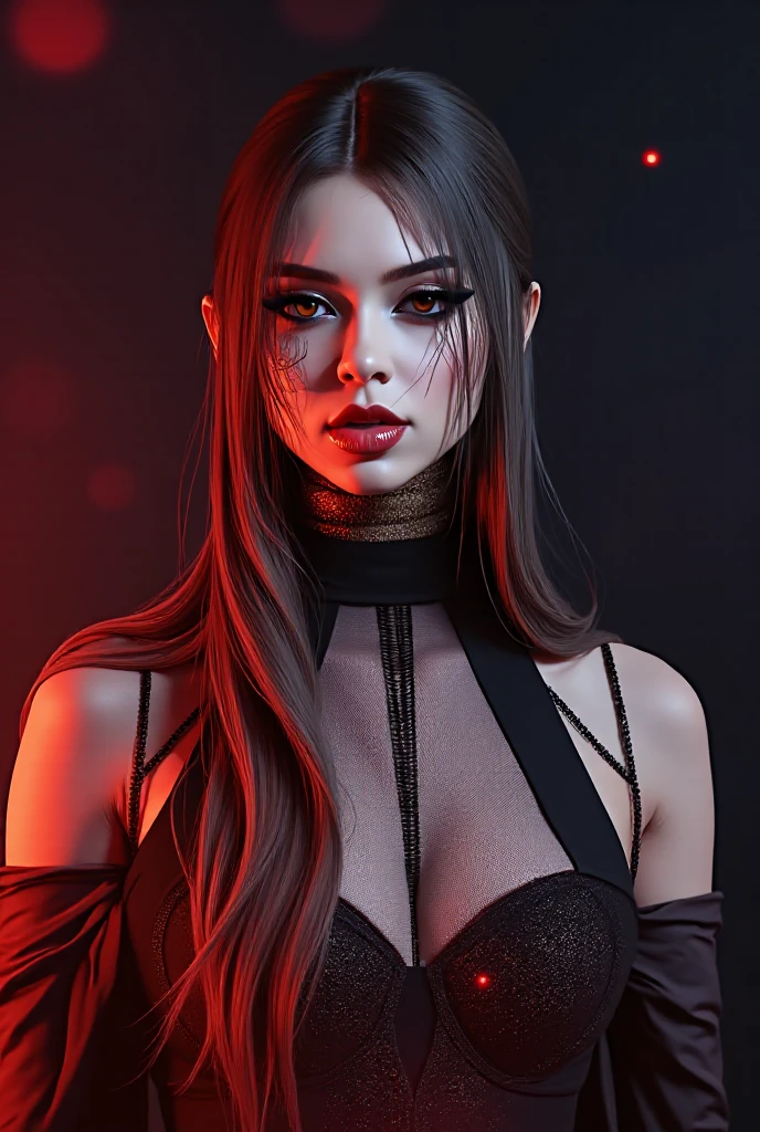 Create a hauntingly beautiful rebellious vampire girl with pale grey skin and deep red lips showing (2 vampire incisor fangs pressed against her bottom lip) wearing modern urban clothing (hoodie(plain, no print:1.5), crop-topshirt(plain, no print:1.5), hip-hop style). Envision her with the elegance reminiscent of a modern-day masterpiece, embodying both allure and strength. Picture her as a blend of a vampire with mesmerizing red eyes and (2 sharp fangs protruding from her mouth and pressing against her bottom lip), akin to the allure of the night. Adorned in modern casual clothing, she emanates an aura of mysterious power. Her figure should dominate the artwork, depicted in a captivating stance as she locks eyes with the viewer, her crimson aura intertwining with the shadows that envelop her. Let her essence be defined by the ethereal fluidity of darkness, each detail meticulously crafted to convey the majesty of her vampiric prowess. Absurd resolution, top quality, and high detail are essential to capture the essence of this mesmerizing scene, 8K, full face:1.5, vibrant, powerful, (captivating eyes:1.2), captivating gaze, long hair, 1girl, (half body:1.3), insane details, (half-body:1.3), sexy, Realistic, RAW photo,(masterpiece:1.3), (best quality:1.3), official art, Super Detailed, High Detail, Soft Lighting, 8K, High Resolution, High Detail Skin, Perfect Skin, RAM Photo, Real Photo,