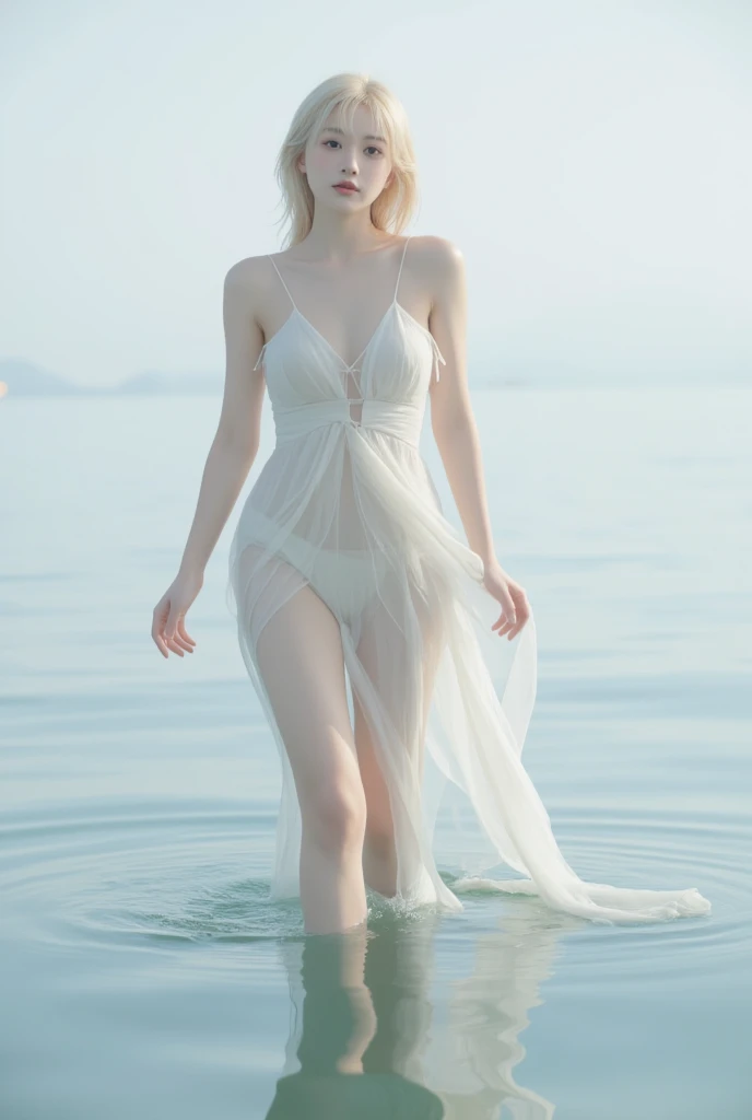 Full body photo of 16-year-old girl (baroque style), big breasts, deep cleavage (realistic photo), cg, 8k, real, torn white pajamas (shoulders slip off), bare lower body, belly exposed, standing in the water, in the mud, (the bathroom is dark, Dark and moody lighting: 1.2)