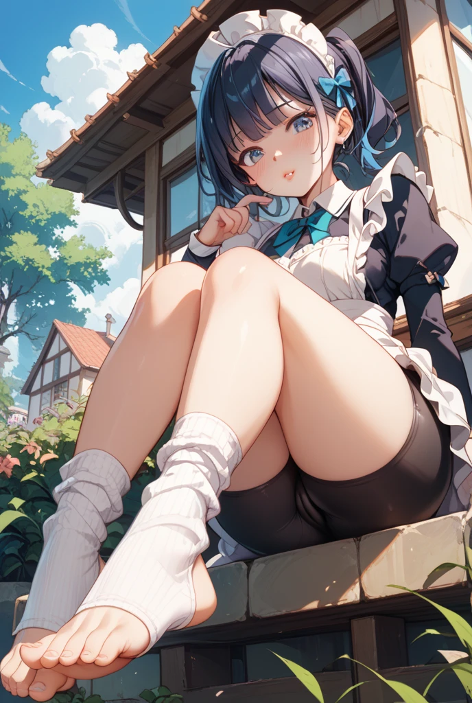 Alice, very tiny minidress, blue pantyhose, crotch, candid upskirt, shoes, sun shiny day