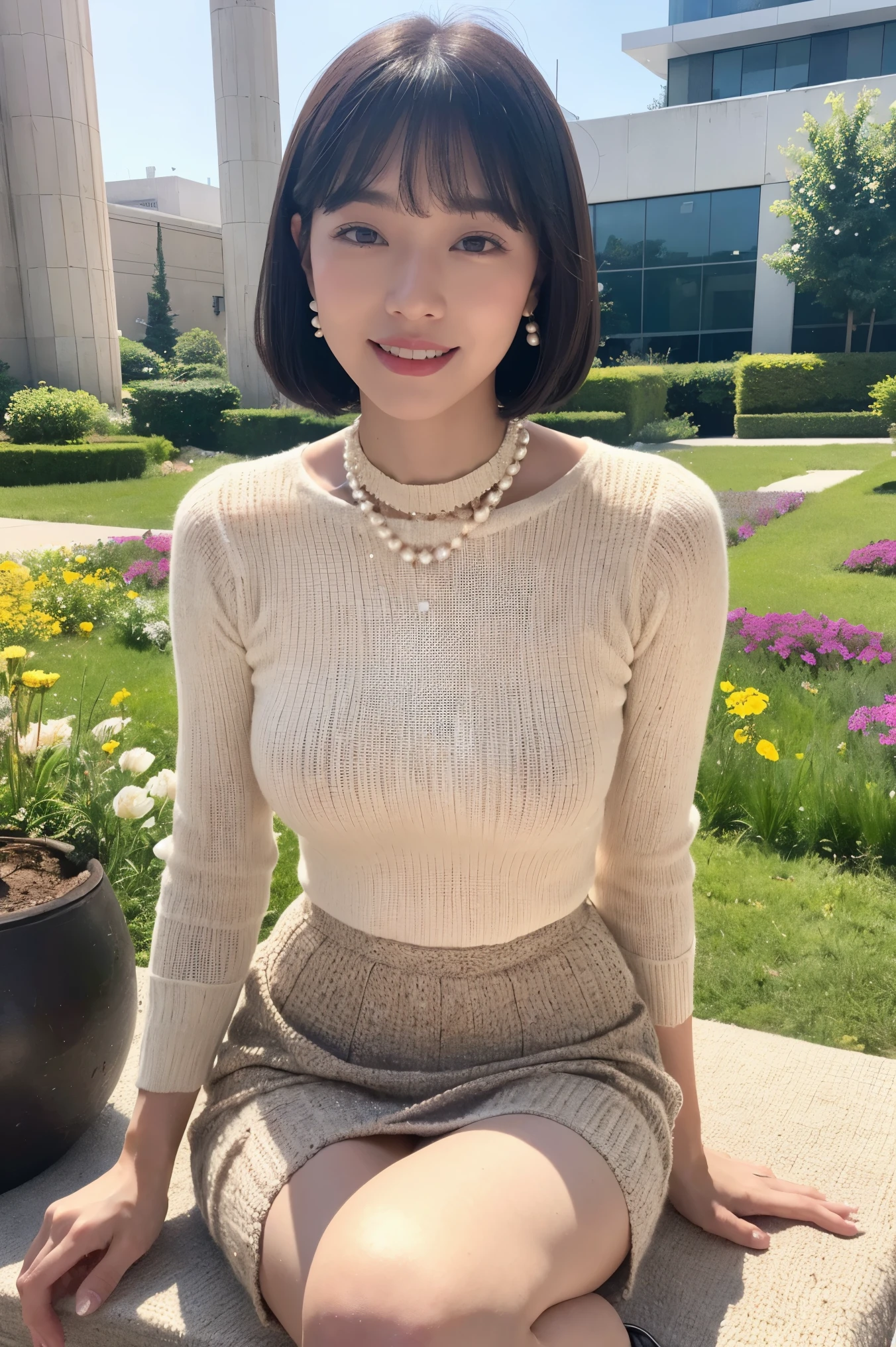 (RAW photos:1.2), (realistic:1.4), beautiful detailed woman ,非常にBeautiful Eyesと顔, Beautiful Eyes, very detailed with bubblesな,high resolution, very detailed with bubbles,best quality,unified, 8k Wallpaper,masterpiece,best quality, female,alone,rich, Full Body Esthian,thin waist,alone,(beige knitted blouse for indoor stage,skirt for ears,high heels),pearl necklace by jcm2、 pearl earrings 、 bob cut,smile,open your mouth ,realistic,field of flowers