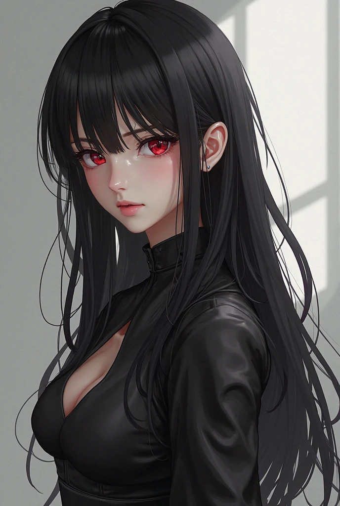(best quality,ultra-detailed,realistic:1.37),long black hair,red eyes,intense expression,curvy figure,casual black clothes,vivid colors,portrait