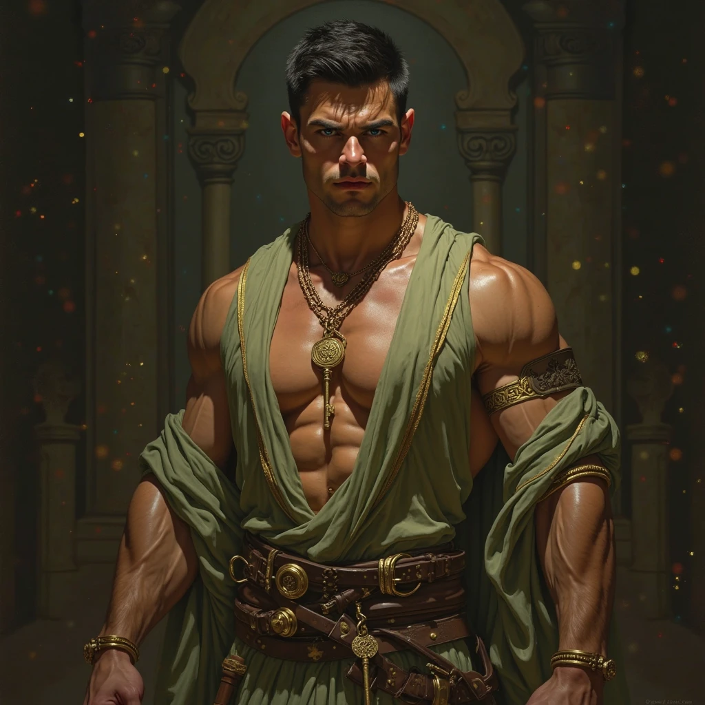 Realistic, Masterpiece, Best quality, Natural lighting, soft shade, insanely details, Detailed background, Professional photography, Depth of field, Intricate, Detailed face, Subsurface scattering, photo-realistic hair, Realistic eyes, Muscular, Masculine, Big Pectoral Muscles, Photo of a handsome man, Fabric artist, Green cloth, Dynamic pose,