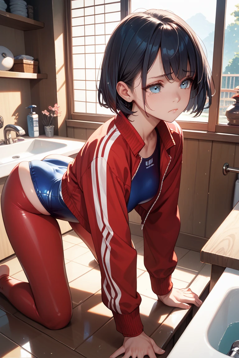 (8k, RAW Photos, Highest quality, masterpiece: 1.2), masterpiece, Super Detail,Best lighting, (Realistic and photorealistic photography: 1.4), High-resolution RAW color photos, Background Blur, blush, Depth of written boundary,1 young cute girl, Hair between the eyes,short hair,Black Hair,(red inner hair with yellow hairpin),red eyes,Highly detailed mouth,short,young,,medium breasts,small earrings,(Oily skin:1.5,Glowing Skin),glitter skin,(racing bloomers, track uniform, midriff, sneakers), animal collar, running, , walking, bending forward, (ahegao, ashamed, scared, sweaty:0.5, drooling), racing bloomers, track uniform, midriff, sneakers), animal collar,at messy dirty bedroom