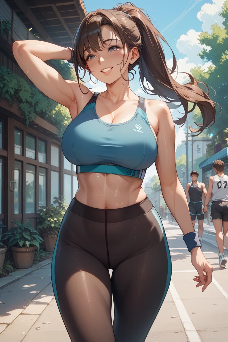 masterpiece, best quality,1girl,young girl,brown eyes,long hair,mesugaki smile,shiny skin,(nice leg line:1.3),thin waist,huge breasts,
BREAK
Running shorts, graphic tank top, sweatband, running shoes, and hydration belt
BREAK
around crowd:1.1,depth of field,looking at viewer,from side,upper body