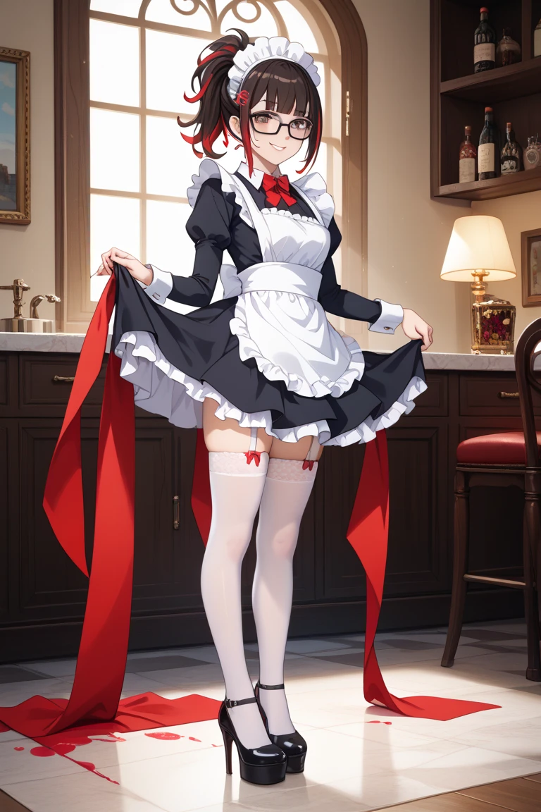 back shot, ass, masterpiece、top-quality、1 girl、Stella Vermillion、Uniforms、black thighhighs、self-assured、Smiling Courtyard、is standing、cowboy shot、A smile、tease, (white panties:1.3)、(Skirt that rolls up:1.3)、sexy
