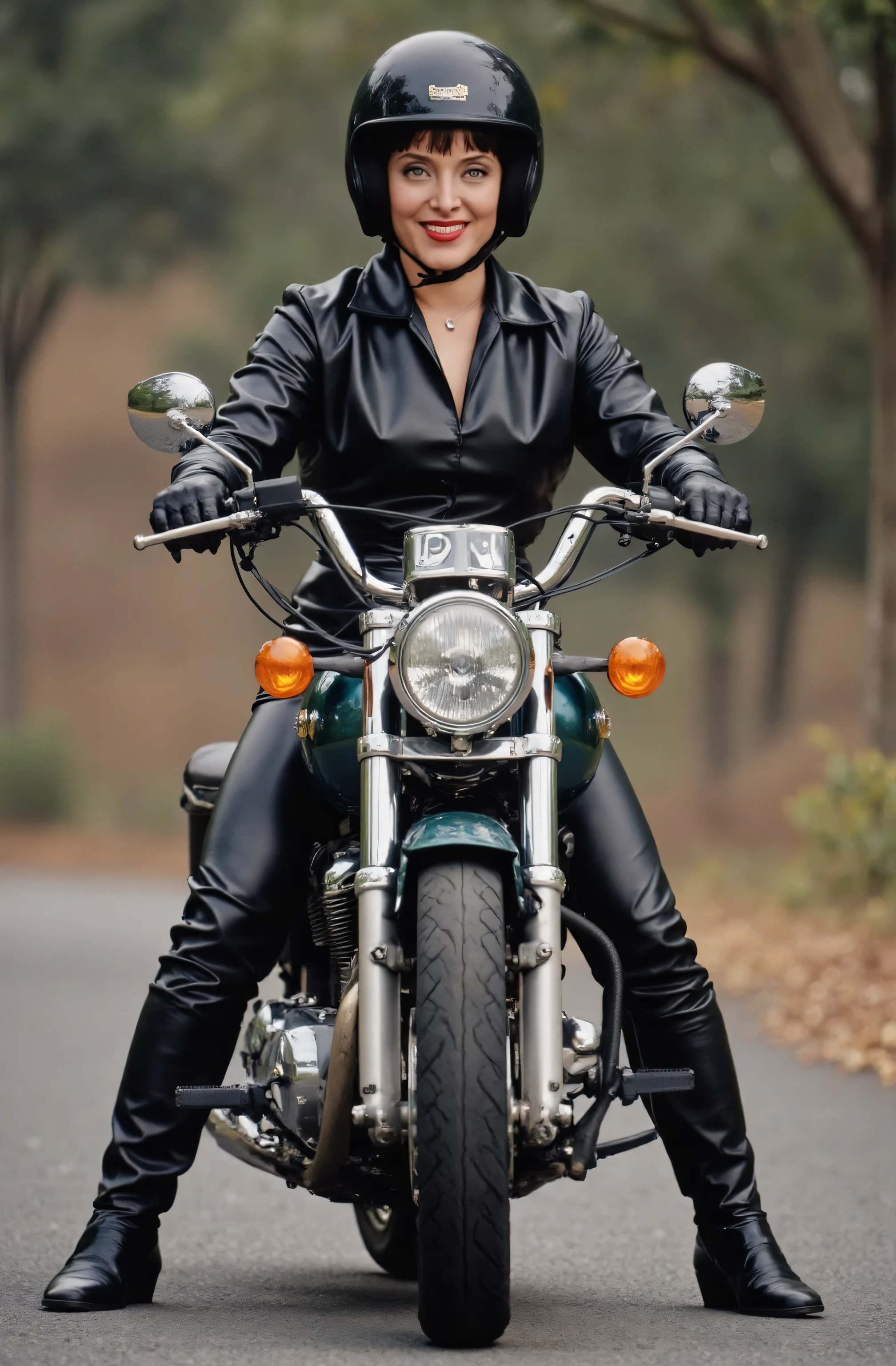 Marsha Queen Of Diamonds wearing a black leather pants, wearing black leather boots up to her knees, wearing black leather opera gloves. wearing a helmet, riding a motorcycle, full body picture, she is smiling.