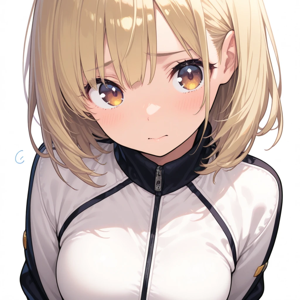 Rio, 1girl, blonde hair, medium hair, hairclip, brown eyes, upper body, smile, looking at viewer, white background, <lora:Rio:1>