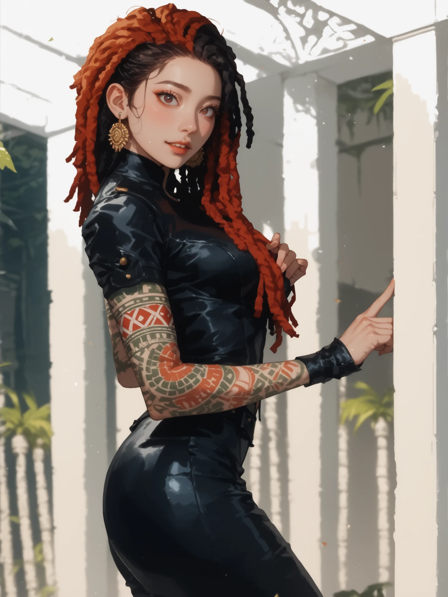 Meisterwerk, hd , great quality, very aesthetic, absurd,  high contrast ,  high color palette , light glare ,neueste,2.5D,volumetric lighting, Sweet, jung, 1 girl, asiatisch, round face, slanted eyes, big eyes, asian girl, rote Augen, Asian eyes, blemish thin lips,  normal breasts, soft abs, rote Augen, white strands, ATHLETIC BODY, aztekisch, leather clothing, looks at the viewer, Dreadlocks, very shy, Anime shark teeth, Hintergrund: jungle and Aztec ruins, looks like a young Jennifer Lawrence, looks at the viewer