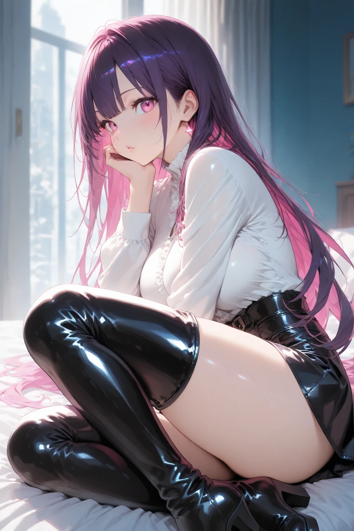 (masterpiece: 1.4), best quality, 1girl,
long hair, female , (angry: 1.2), purple hair, twintails, , tusk, purple eyes, black ribbon, medium breasts, thin thigh, slim body, thin legs, full body, 
(shiny skin), look at the viewer, black bodysuit, torn legwear, bare feet, 
(wet, sweat, 
 lying down, bed