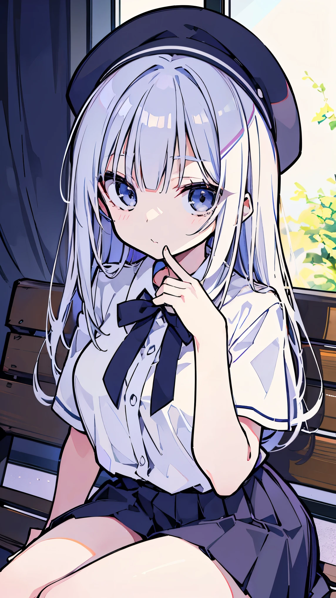 woman posing for a photo, graceful and kind, happy, long hair,   Straight Hair  , fine skin, beautiful hands, beautiful fingers,  beret , tie, short sleeve blouse, pleated skirt, thighs, Absolute Area, knee socks,  Orbital Space , Hot summer day, schools, Schoolyard, Sitting on a Bench, Woman posing for a photo of a woman wearing , natural light, detailed face:1.2, sharp concentration,  Hasselblad photo shoot , masterpiece, light makeup, cinematic sentences by cute single women, 4K, best quality, sharpness, anime style, full body, 美しいthighs,opening、underwear