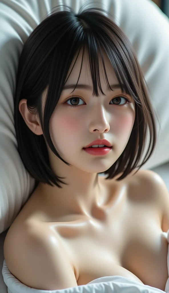 Realistically、19-year-old girl、(naked:1.5),Short Bob Cut、Super magnification of face,Emphasize cleavage,Looking up from below,Darkening of hair,blue eyes,Fine skin,Japanese、blush,Red lips,,facial 、Bedsit,Stick out your tongue and open your mouth wide、Cumin Mouse、Brow wrinkles,